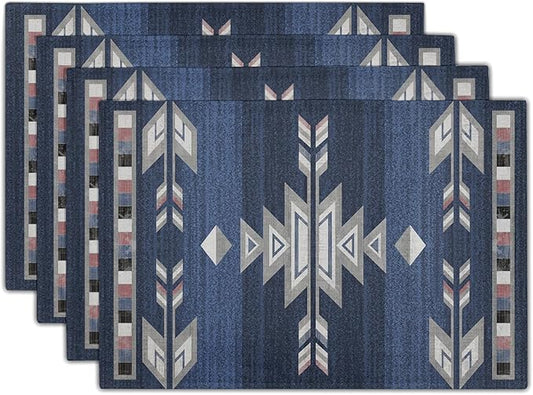 Giwawa Southwestern Placemats Set of 4, Navy Blue Grey Ethnic Tribal Geometric Decorative Place Mat, 12"x18" Native American Heat Resistant Table Mats for Dining Kitchen Party