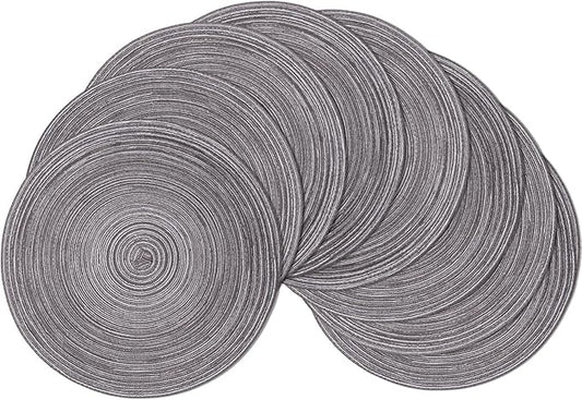 SHACOS Round Braided Placemats Set of 8 Round Table Mats for Dining Tables Non Slip Washable (Black Grey, 8)