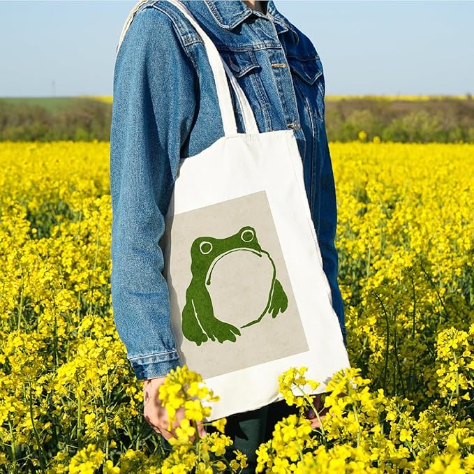 Cute Frog Tote Bag Aesthetic Funny Frog Tote Bag Cotton Canvas Bag For Women Gift Bag Reusable Grocery Bag Beach Bag