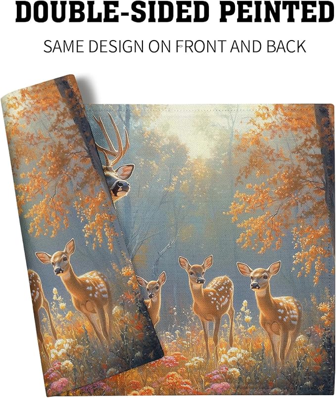 Giwawa Fall Deer Placemats Set of 4, 12"x18" Autumn Forest Trees Moose Linen Place Mat, Woodland Wildlife Washable Non-Slip Table Mats for Kitchen Dining Party Picnic Indoor Outdoor Decor