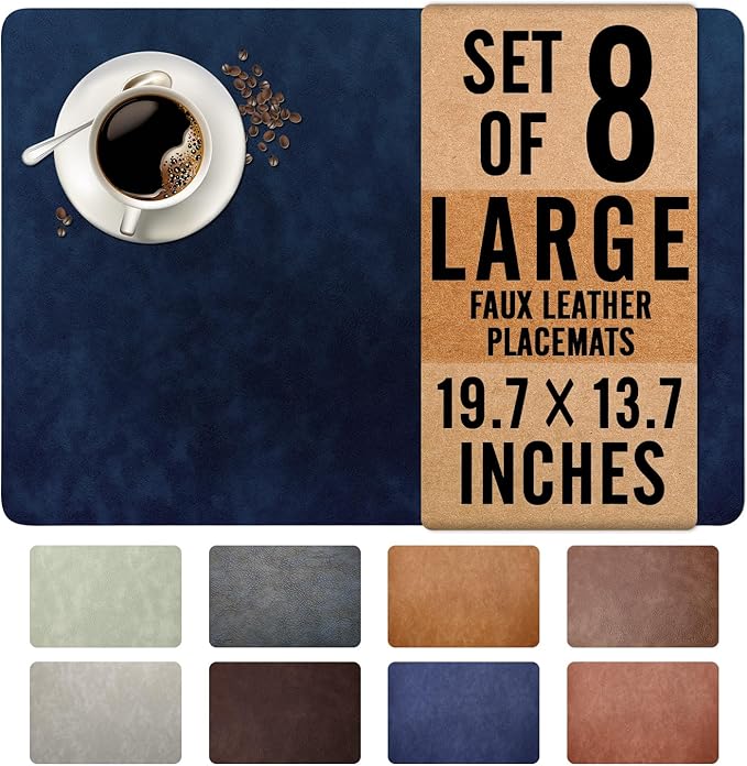 UnivoColors Washed Cowhide Pattern Faux Leather Big Size Placemats Set of 8, Waterproof Easy to Clean Anti-Slip PU Table Mats for Party Decoration19.7″×13.6″,Navy Retro Cowhide Pattern