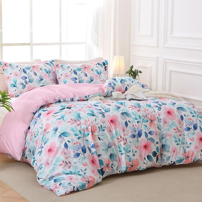Duvet Cover King Size, Reversible Floral Vintage Duvet Cover Set with Zipper Closure, 3 Pieces Botanical Patterns Soft Microfiber Bedding Set (90"x104", 2 Pillow Cases 20"×36", Pink Blue Branch)