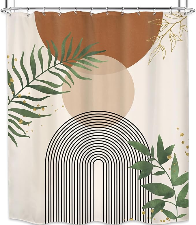 Brown Boho Mid Century Shower Curtain 60Wx72H Abstract Gold Leaves Plant Modern Sun Minimalist Geometric Arch Art Line Bathroom Decor Neutral Bath Curtain Fabric Polyester 12 Pack Hooks