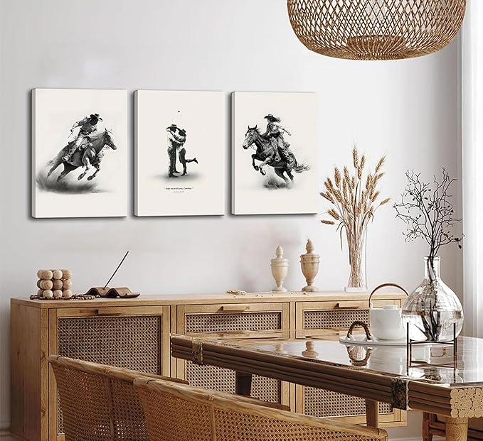 3Pcs Framed male cowboy and Cowgirl Canvas Wall Art Western Eclectic Wall Decor Pictures Wild West Prints Posters Rodeo Paintings of Western and Southwestern Decor Lovers ready to hang