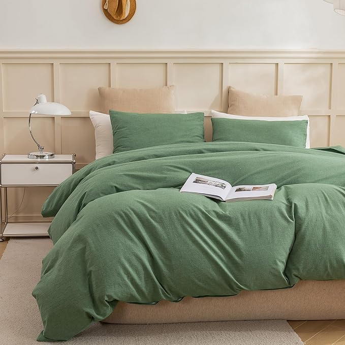 ECOCOTT Sage Green Duvet Cover California King Size, 100% Washed Cotton 3-Piece Bedding Set - Ultra Soft, Breathable & Easy Care with Zipper Closure and 2 Pillowcases