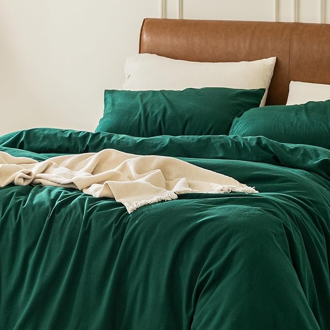 FOSSA Duvet Cover Set 100% Washed Cotton 3 Pieces Bedding Set Twill Soft Cozy Breathable Sturdy Substantial with Textured Weave Solid Green King