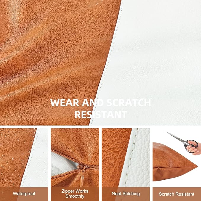 Faux Leather Throw Pillow Covers 18X18 Inch Outdoor Modern Farmhouse Solid Decorative Pillow Covers for Room Couch Living Bedroom Bed Sofa White&Brown Splicing