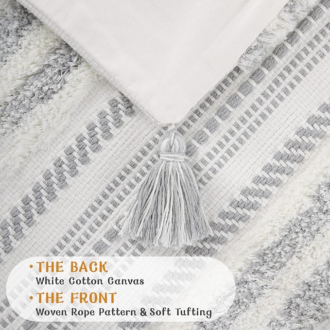 decorUhome Decorative Boho Throw Pillow Cover 20x20, Accent Neutral Textured Tufted Pillow Cover Striped for Couch Bed Sofa, Grey and Cream White, Pack of 1