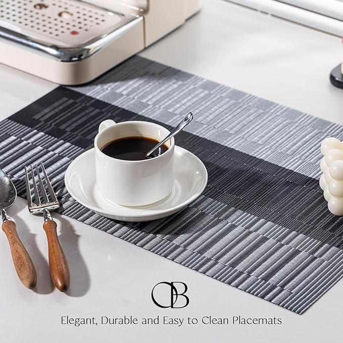 Placemats Set of 4 - Easy Clean Woven Vinyl Placemats for Dining Table, Indoor/Outdoor Place Mats, Washable PVC Table Mats （Silver Gray Black）
