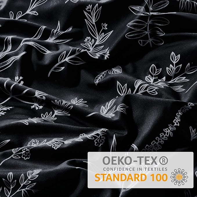 MUXHOMO Duvet Cover Queen Size, Reversible Floral Black Duvet Cover Set with Zipper Closure, 3 Pieces Botanical Patterns Soft Microfiber Bedding Set with 4 Ties (90"x90", 2 Pillow Cases)