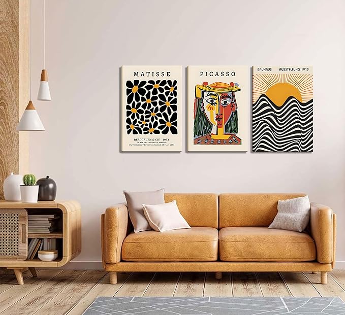 3 Pack Framed Gallery Wall Art Picasso Matisse Bauhaus Set Canvas Prints Abstract Paintings Posters Orange Black Modern Minimalist Wall Decor Pictures Suitable for Bedroom Living Room Decor (Framed,