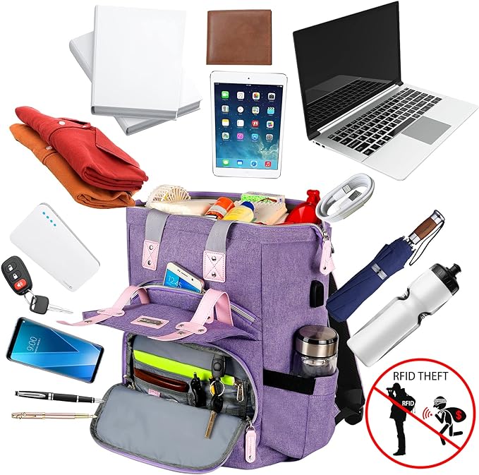 FALANKO Laptop Backpack for Women,Large Computer Backpack Fits 17 Inch Laptop with USB Charging Port RFID Water Resistant purse Casual Purple Bookbag for Teacher/work/College/nurse/Doctor/Woman