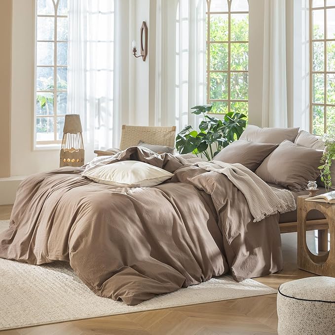 MooMee Bedding Duvet Cover Set 100% Washed Cotton Linen Like Textured Breathable Durable Soft Comfy (Solid Brown, Alaska King 132"x120")