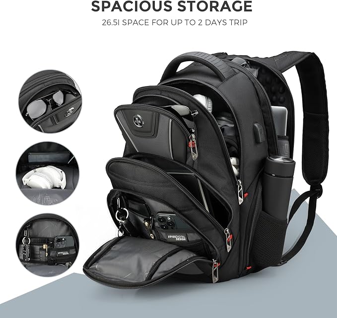 Swissdigital Design Men's Laptop Backpack for Man，Large Capacity Business Travel Backpack Black/Grey