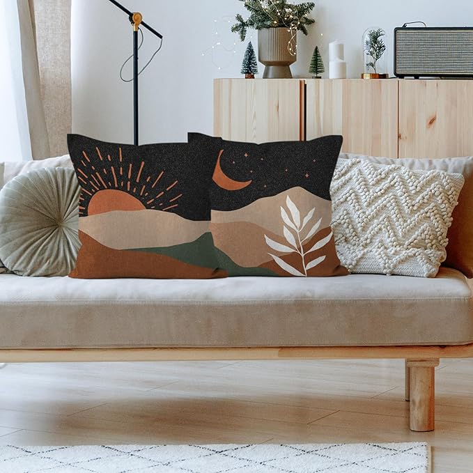 HIWX Boho Pillow Covers, Boho Sun Moon Mountains Decorative Pillowcase Throw Pillow Cover 18x18,Boho Throw Pillows,Boho Sun Desert for Sofa Bed Room Home Bedroom Decor Set of 2 Pillow Case