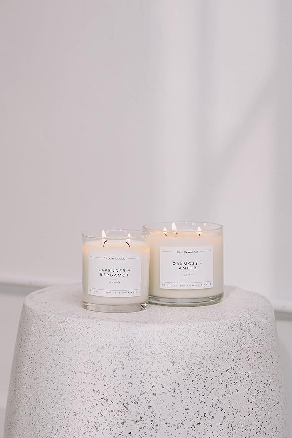 Calyan Wax Co. 3 Wick Candle, Oakmoss + Amber Scented Candle, 43 Hour Burn Time, 3 Wick Soy Candles, Non Toxic & Vegan Soy Wax, Glass Jar Scented Candles, 14.9oz