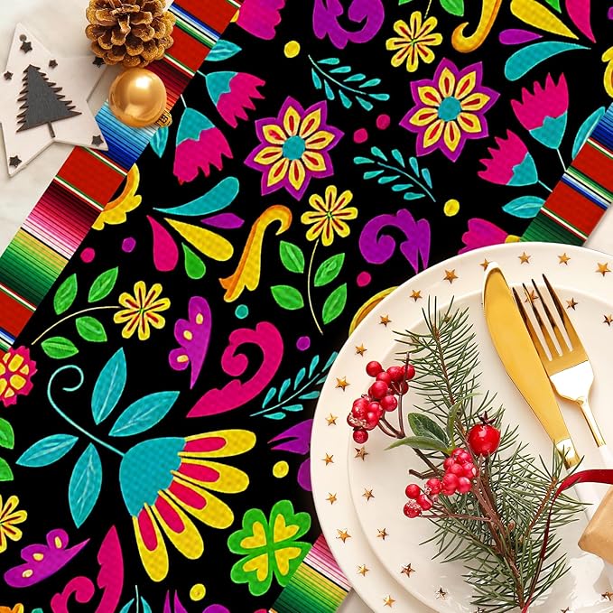 Mexican Flowers Burlap Table Runner Seasonal Spring Fall Kitchen Dining Linen Table Decoration for Indoor Outdoor Home Party Dinner 13x72 Inch