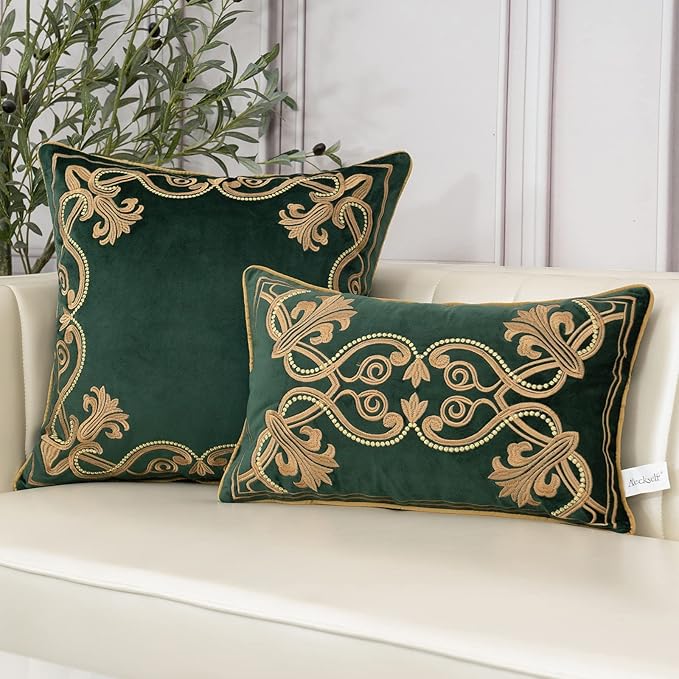 Aeckself European Luxury Velvet Throw Pillow Cover 20 x 20 Inch, Embroidery Floral Pillow Cover Home Decor Pillowcase for Couch Bedroom Living Room, Dark Emerald Green and Gold
