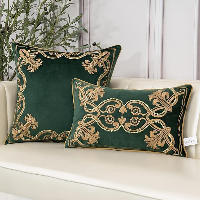 Aeckself European Luxury Velvet Throw Pillow Cover 18 x 18 Inch, Embroidery Floral Pillow Cover Home Decor Pillowcase for Couch Bedroom Living Room, Dark Emerald Green and Gold