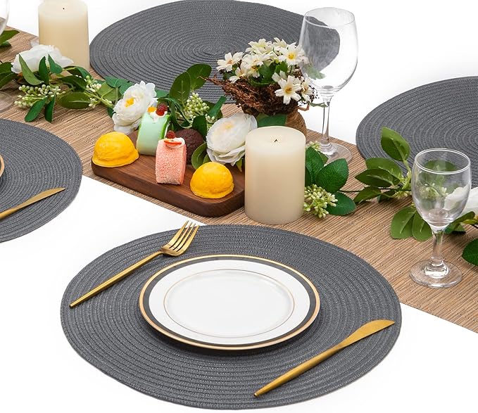 SHACOS Round Placemats Set of 6 Washable 15 inch Round Table Mats Cotton Polyester Woven Braided Place Mats for Dining Table (Charcoal Gray, 6)