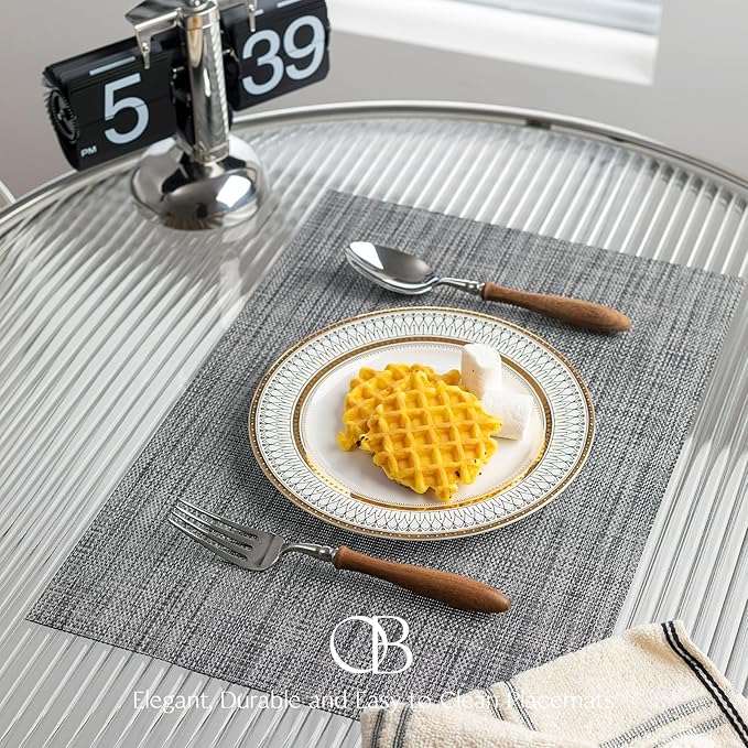 Placemats Set of 6 - Easy Clean Woven Vinyl Placemats for Dining Table, Indoor/Outdoor Place Mats, Washable PVC Table Mats（Dark Gray）