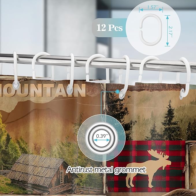 Aimego Farmhouse Cabin Shower Curtain - Rustic Western Brown Bear Deer Forest Plaid Check Moose Country Vintage Fabric Cloth Bath Shower Curtain Set with 12 Hooks for Bathroom Decor, 72"x72"