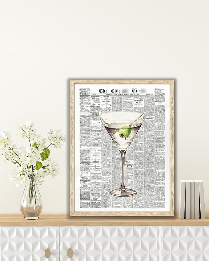 EcoHest UnFramed Trendy Newspaper Martini Wall Art, 12x16 in OAK Wood Retro Bar Cart Canvas Art, Magazine Aesthetic Apartment Art, Beige Logs Funky 70's Set of 1 for Bedroom Living Room