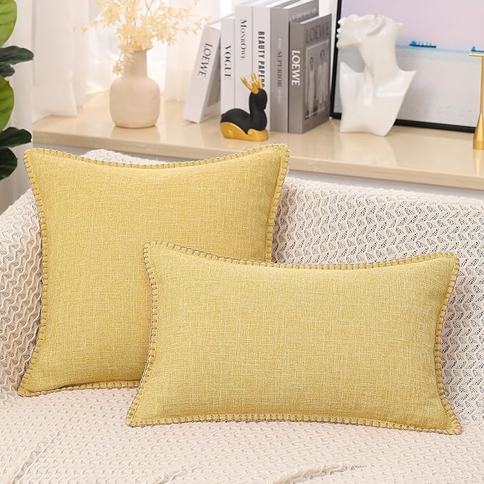 decorUhome Decorative Outdoor Throw Pillow Covers 22x22 Set of 2, Square Linen Rustic Neutral Farmhouse Euro Pillow Covers with Stitched Edge for Couch, Sofa, Living Room, Mustard Yellow