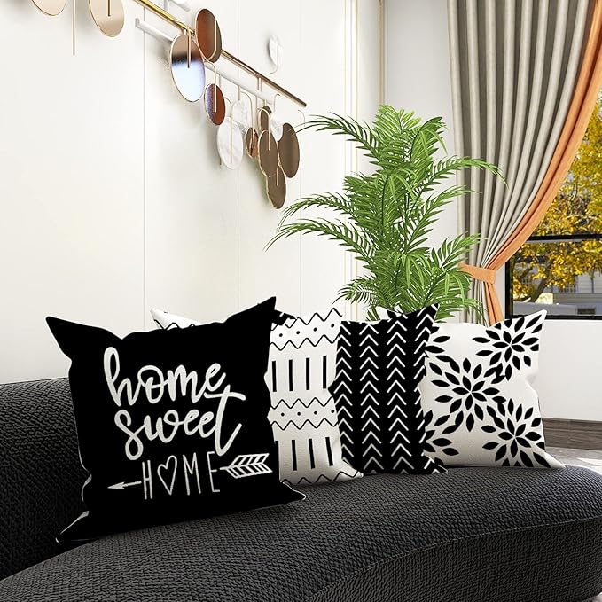 YCOLL Pillow Covers 18x18 Set of 4, Modern Sofa Throw Pillow Cover, Decorative Outdoor Linen Fabric Pillow Case for Couch Bed Car, Black