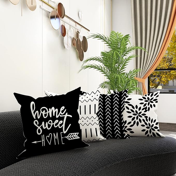 YCOLL Pillow Covers 16x16 Set of 4, Modern Sofa Throw Pillow Cover, Decorative Outdoor Linen Fabric Pillow Case for Couch Bed Car, Black