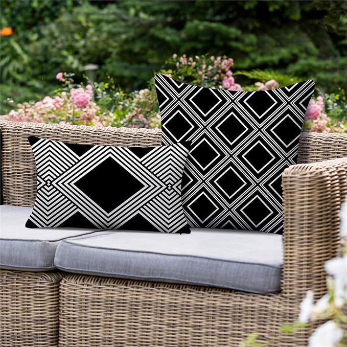 NIGHTWISH Outdoor Waterproof Pillow Covers 12x20 Set of 4 Black and White Decorative Outdoor Throw Pillows Boho Cushion Cases for Patio Furniture Bench Couch Sunbrella