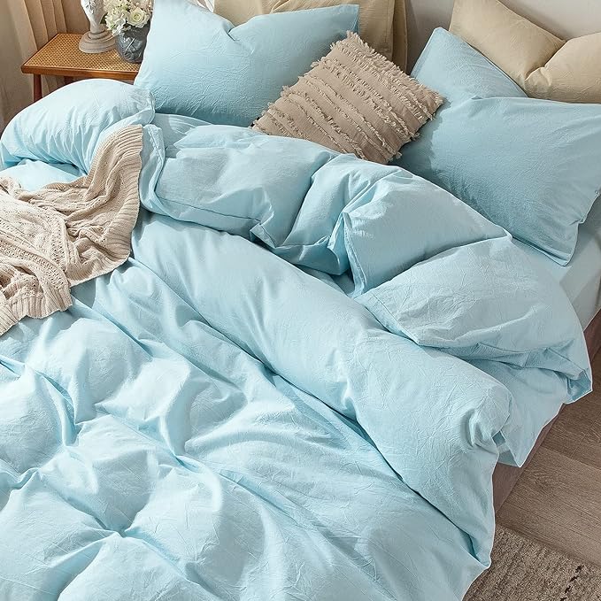 MooMee Bedding Duvet Cover Set 100% Washed Cotton Linen Like Textured Breathable Durable Soft Comfy (Heathered Light Blue, Full 80"x90")