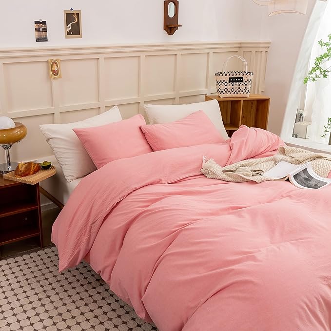 ECOCOTT Pink Duvet Cover King Size - Linen Feel Textured Organic Natural 100% Washed Cotton, Soft Breathable 3 Pieces Bedding Set with Zipper Closure