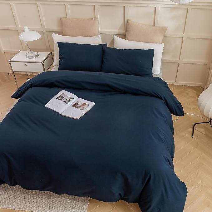 ECOCOTT Navy Blue Duvet Cover Oversized King Size - 100% Washed Cotton Durable Soft Comfy Bedding Set, 3 Pieces Duvet Cover with Zipper Closure (Navy Blue, 120"x 98")