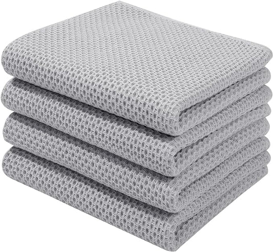 Homaxy 100% Cotton Waffle Weave Kitchen Dish Towels, Ultra Soft Absorbent Quick Drying Cleaning Towel, 13 x 28 Inches, 4-Pack, Light Gray
