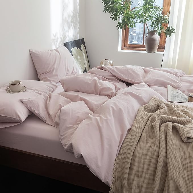 FOSSA Duvet Cover Set 100% Washed Cotton Linen Feel Super Soft Breathable Cozy 3 Pieces Bedding Sets Solid Greyish Pink Queen