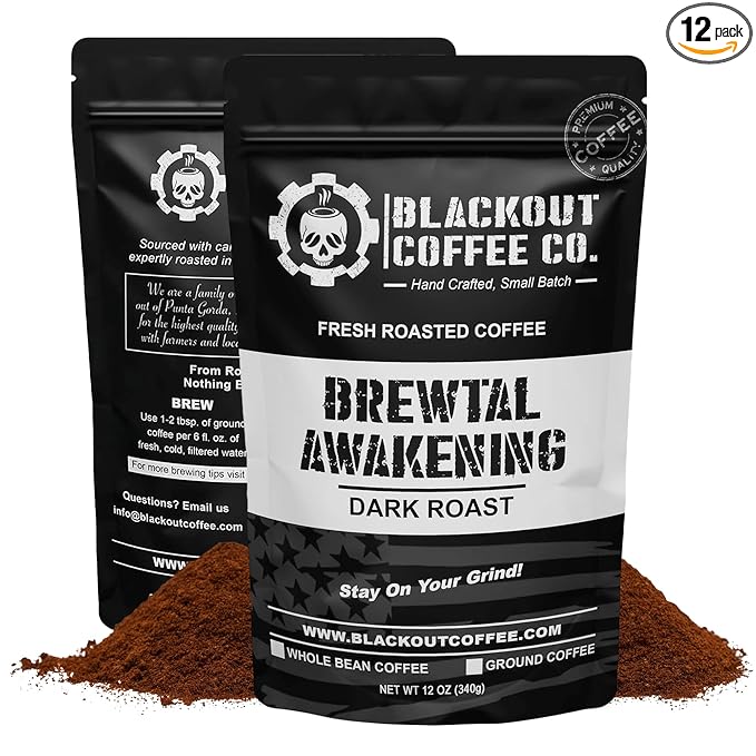 Blackout Coffee Brewtal Awakening Ground Coffee – Dark Roast, Bold Flavor – Freshly Roasted 12oz Bag, American Made