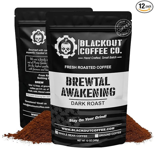 Blackout Coffee Brewtal Awakening Ground Coffee – Dark Roast, Bold Flavor – Freshly Roasted 12oz Bag, American Made