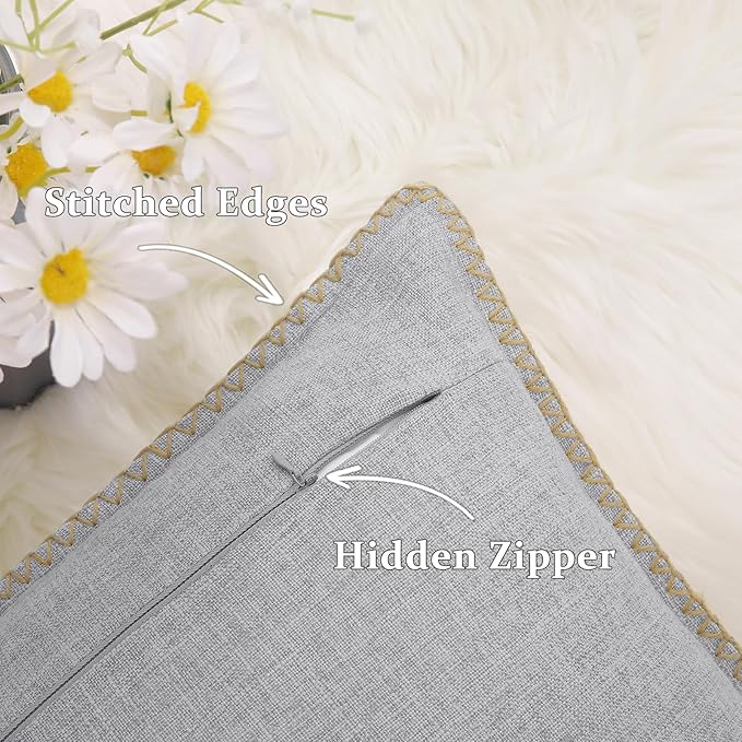 decorUhome Decorative Outdoor Throw Pillow Covers 12x20 Set of 2, Lumbar Linen Rustic Neutral Farmhouse Euro Pillow Covers with Stitched Edge for Couch, Sofa, Living Room, Light Grey