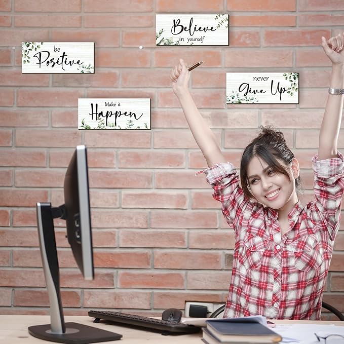 4 Pcs Green Office Decor For Women Motivational Wall Decor Inspirational Office Wall Decor With Positive Sayings Wooden Hangings for Home Office Bathroom Bedroom Kitchen(Green Leaf 10x4")