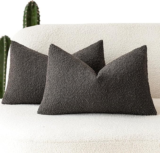 Foindtower Pack of 2 Textured Boucle Throw Pillow Covers Accent Solid Decorative Lumbar Pillow Cases Cozy Couch Cushion Case for Sofa Living Room Home Decor, 12 x 20 Inch,Dark Brown