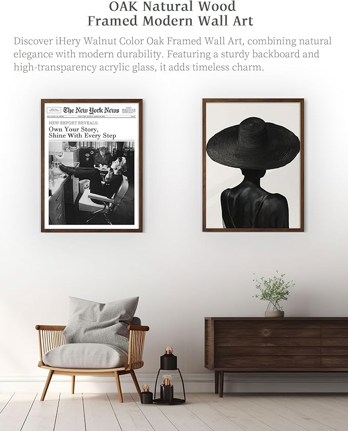iHery Natural OAK Wood Audrey Hepburn Walnut Color Framed Wall Art, 12x16 in Own Your Story Shine With Every Step Canvas Wall Decor, Modern Trendy Newspaper For Bedroom Bathroom Living Room 1Pack