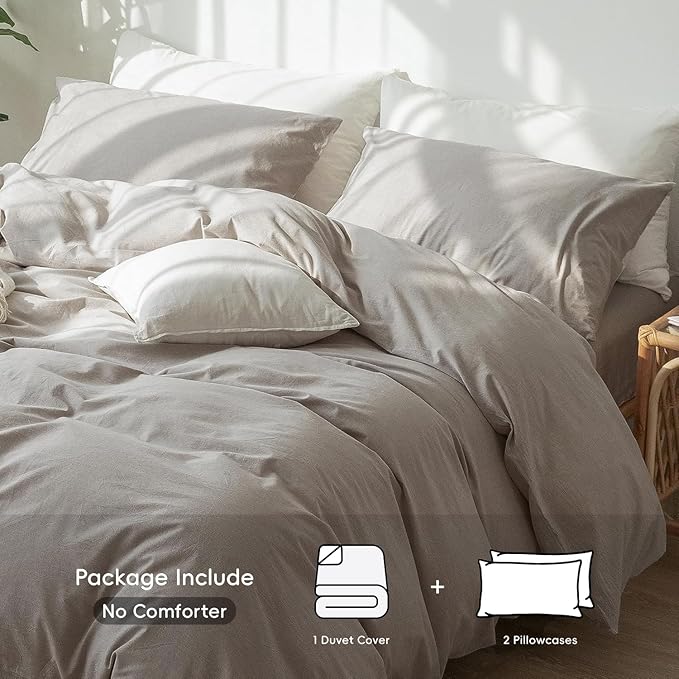 MooMee Bedding Duvet Cover Set 100% Washed Cotton Linen Like Textured Breathable Durable Soft Comfy (Heathered Brownish Grey, King 104"x90")