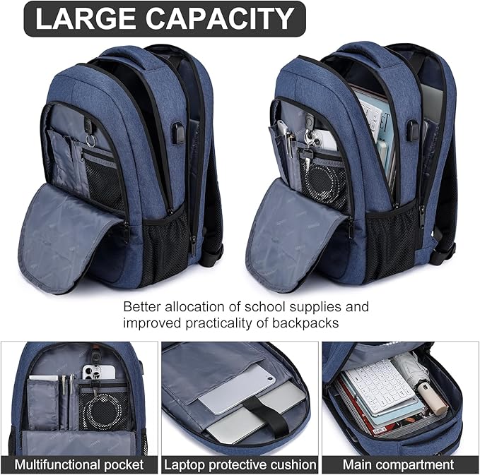 Asenlin Travel Laptop Backpack for Women & Men,Water Resistant Business Slim Sturdy Laptops Backpack with USB Charging Port,Fits 17.3 Inch Notebook College School Computer Bag-Blue