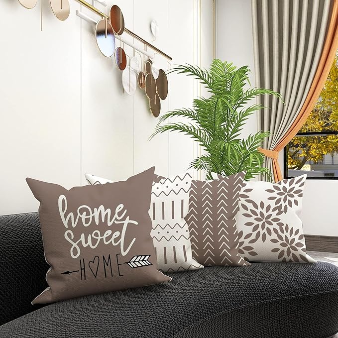 YCOLL Pillow Covers 18x18 Set of 4, Modern Sofa Throw Pillow Cover, Decorative Outdoor Linen Fabric Pillow Case for Couch Bed Car, Khaki
