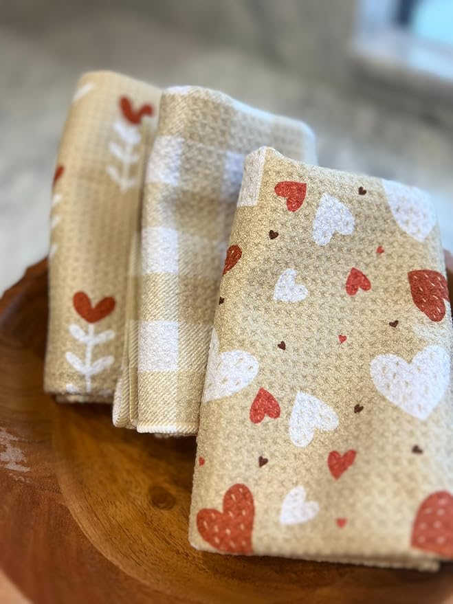 || 3 Pack|| Double Sided || Not Your Ordinary Dish Towels || Waffle Weave Microfiber|| Highly Absorbent || Hanging Loop || Dish Cloths || Modern || Designer Prints || Valentines