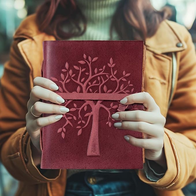 LEATHER VILLAGE Tree of Life Journal - 8"X6" (A5) inches - Fuchsia - 200 Antique Deckle Edge Handmade Paper – Book of Shadows - Vintage Leather Bound Journal for Women & Men