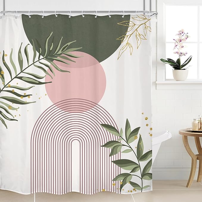 Pink Sage Green Boho Shower Curtain 60Wx72H Mid Century Modern Abstract Gold Leaves Plant Sun Bathroom Decor Minimalist Geometric Arch Line Aesthetic Bath Curtain Fabric Polyester 12 Pack Hooks