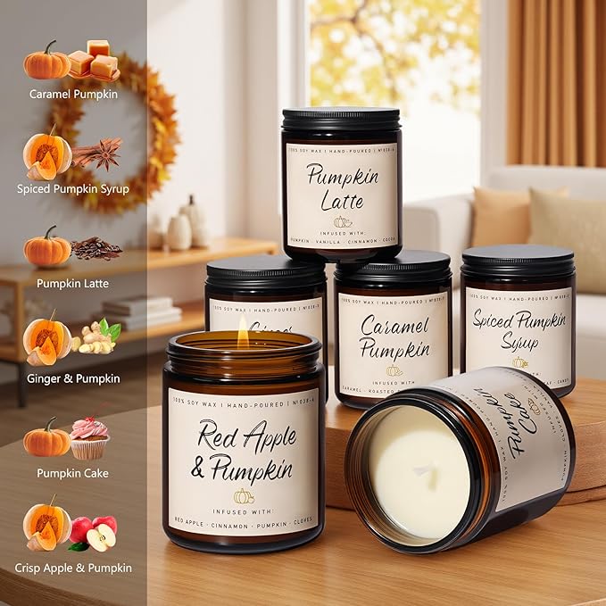 Auelife Fall Scented Candles - Pumpkin Candle Set of 6 | Ginger, Apple, Cake, Caramel, Latte & Spiced Pumpkin Soy Candles | Autumn Candle for Home Décor & Gifts for Women, Cozy Fall Aromatherapy