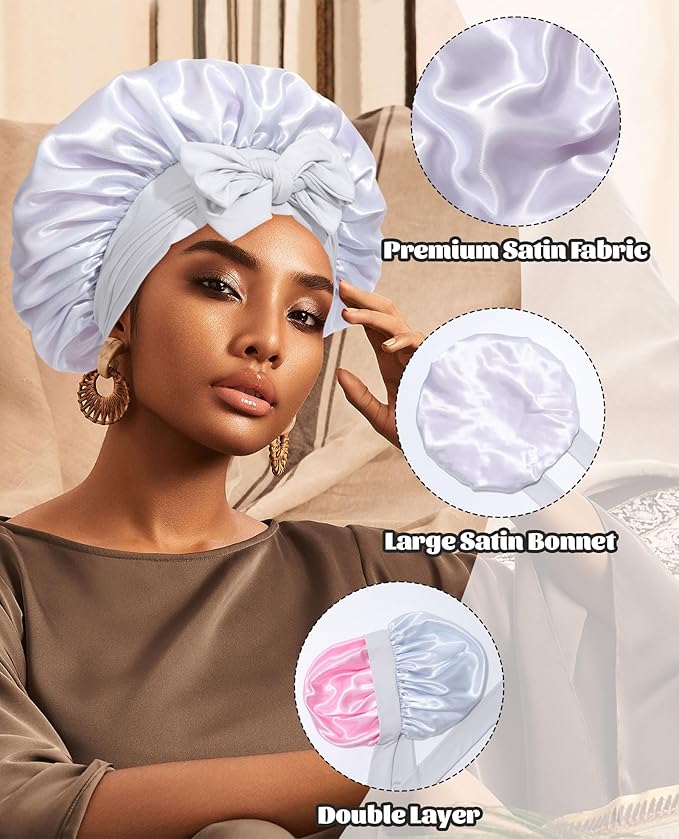 Satin Bonnet Silk Bonnet for Sleeping Silk Sleep Cap Double Layer Hair Bonnet with Elastic Tie Band for Curly Hair Night Cap (Light silver+Pink)